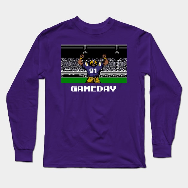 Purple and Gold Football Gameday Retro 8 Bit Linebacker W Long Sleeve T-Shirt by SLAG_Creative